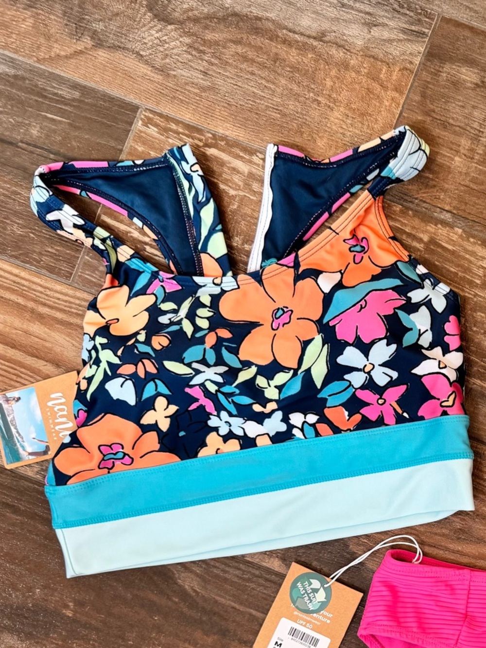 Nani Swimwear Navy and Coral Crop Bikini Top with Aqua Band